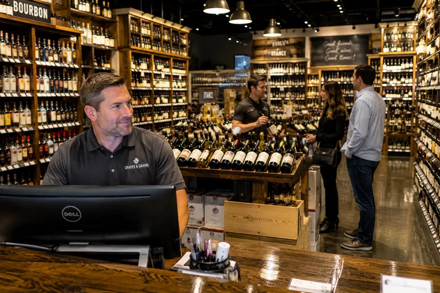 A store owner reviewing his numbers at the counter